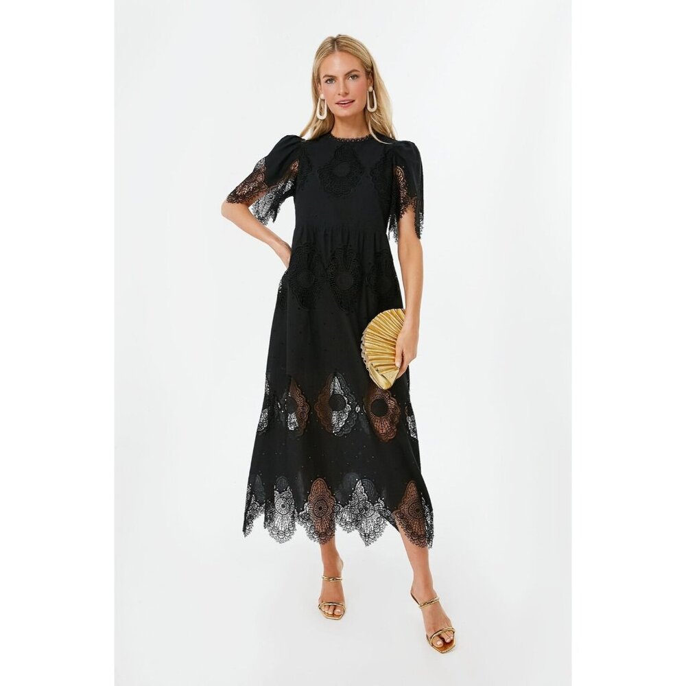 Tuckernuck Women's Black Catalina Midi Dress sz XXS Crochet Lace Cotton NWT 2XS